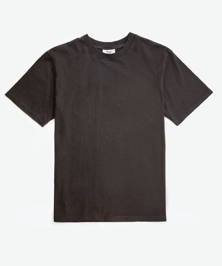 A black crew neck t-shirt with short sleeves, displayed against a plain background.
