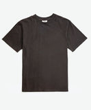 A black crew neck t-shirt with short sleeves, displayed against a plain background.