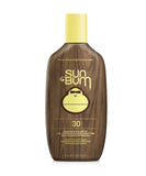 A bottle of Sun Bum SPF 30 Lotion with a brown label and a yellow cap. Point Break Cambridge. Fast Shipping throughout NZ & AU
