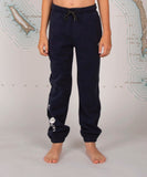 A pair of navy-colored boy's sweatpants with a custom Salty Crew drawcord and a single back pocket with snap closure.