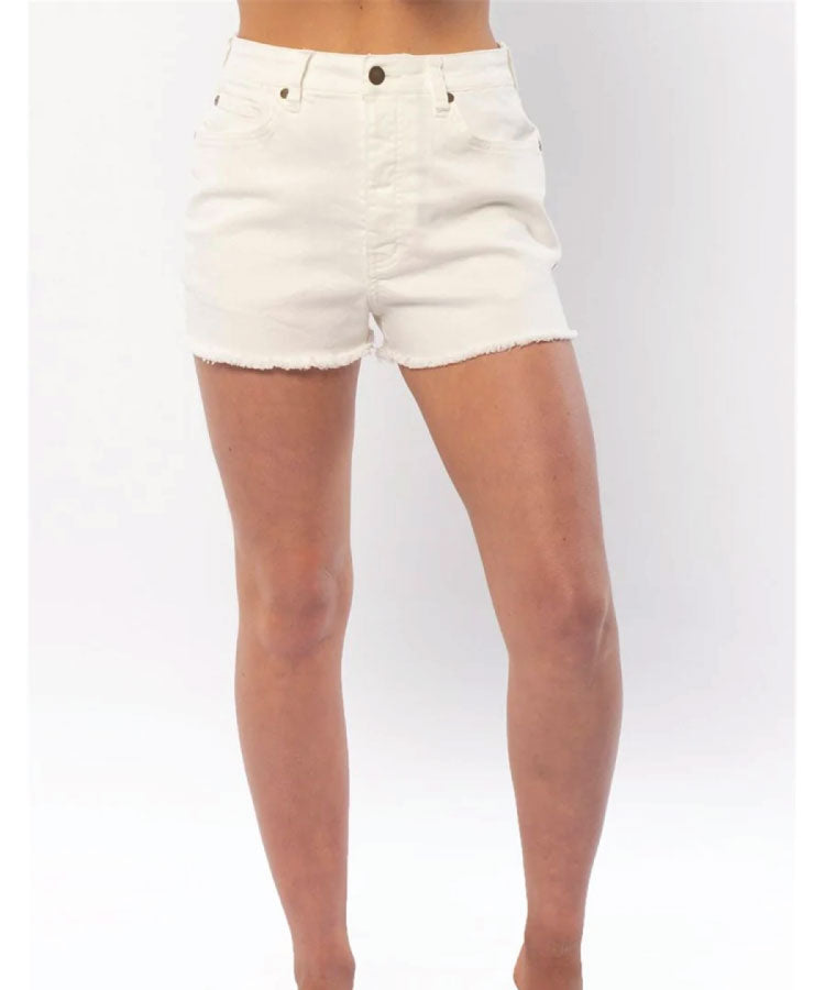 A pair of high-waisted, woven, white denim shorts with a five-button fly front.