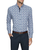 A man wearing a blue and white geometric patterned slim fit shirt with long sleeves.