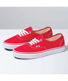 A pair of red Vans Authentic sneakers with white laces and the Vans signature waffle outsole.