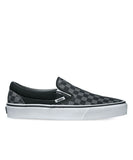 Vans Classic Slip-On shoes with black and white checkerboard pattern on the upper, white elastic side accents, and a white rubber waffle outsole.