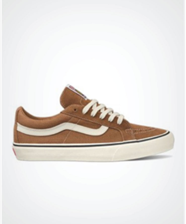 Vans Sk8-Low Reissue SF shoe in brown and white color combination with lace-up closure, displayed on a plain background.