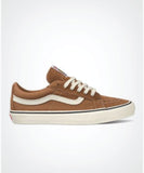 Vans Sk8-Low Reissue SF shoe in brown and white color combination with lace-up closure, displayed on a plain background.