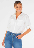 Front view of the Betty Basics Heston Shirt in Vanilla showing the button-up layout and utility patch pockets.