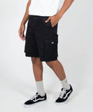 Close-up detail of the pleated side cargo pocket with secure hook-and-loop flap closure on the black Dickies shorts.