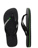 Havaianas Kids Brazil Logo Jandals in Black 1069 front view showing the comfortable open toe thong straps with the raised rubber Brazil flag and contrast logo design, sold by Point Break Cambridge local family surf shop at 63 Duke street.