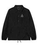 Front view of the HUF Essentials Triple Triangle coaches jacket in black showing the snap-button front closure.