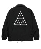 Back view of the men's HUF Essentials coaches jacket displaying the large iconic white Triple Triangle branding.