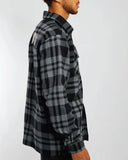 Side view of the Majestic Split Check NY Yankees shirt jacket in faded black plaid with button closure.