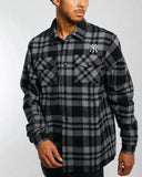 Front view of the Majestic Split Check NY Yankees shirt jacket in faded black plaid with button closure.