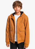 Front view of the Quiksilver Just Cool youth jacket in Chipmunk brown showing the full zip and hood.