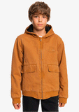 Front view of the Quiksilver Just Cool youth jacket in Chipmunk brown showing the full zip and hood.