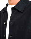 Close-up detail of the heavy-weight washed cotton canvas fabric and durable tortoise-shell buttons on the Rhythm jacket.
