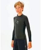 Close-up detail of the premium Black Marl heathered texture and anti-chafing flatlock stitch detailing on the Rip Curl youth swim top.