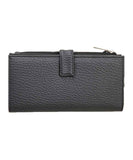 Side profile view of the black Rip Curl phone wallet showing the removable wristlet carry strap and metal zip hardware.