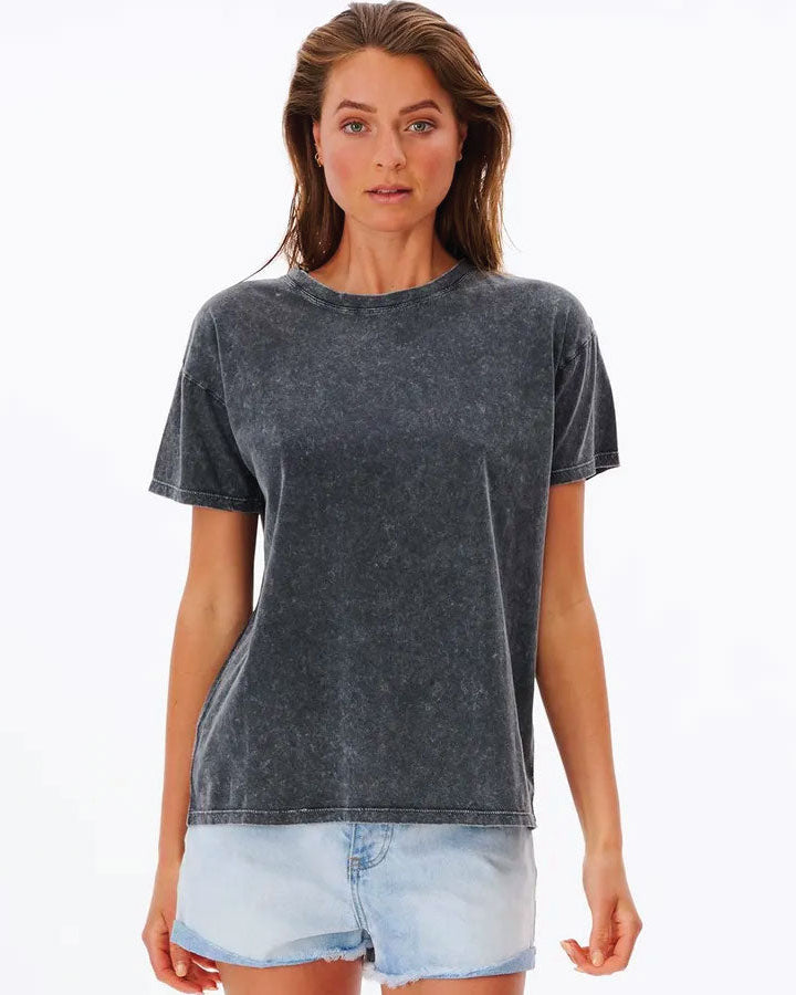 Front view of the Rip Curl Plains oversized women's t-shirt in vintage black showing the relaxed fit.