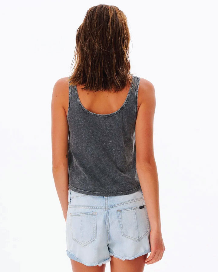 Side and back view of the black Rip Curl Plains tank showing the comfortable wide armholes and straight hem line.