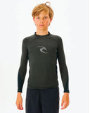 A boy wearing a long sleeve rash guard in black marl with a small Rip Curl logo on the front and back.