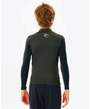 Back view of the Rip Curl boys Waves rash vest displaying the signature back print.