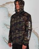 Close-up detail of the water-resistant camo fabric, zippered chest pocket, and robust weather-sealed zipper closures.
