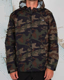 Front view of the Salty Crew Pinnacle jacket in camouflage print showing the full zip closure and adjustable hood.