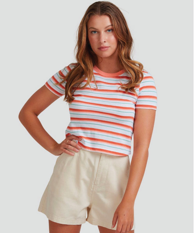 Roxy Womens Shore Break T-Shirt- Multico Stripe Pink Lavender