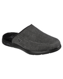 Front diagonal view of the Skechers Arch Fit Lounge slippers in black showing the easy slip-on textile upper.
