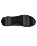Side profile view of the black Skechers Lounge slippers displaying the shock-absorbing midsole and indoor outdoor traction outsole. Showing the tread of the slipper.