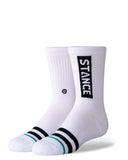 A pair of white Stance OG DT kids socks with black and blue accents and text on the side.