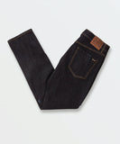 Close up detail of the vintage blue indigo wash, heavy-duty pocket rivets, and custom Volcom metal button.