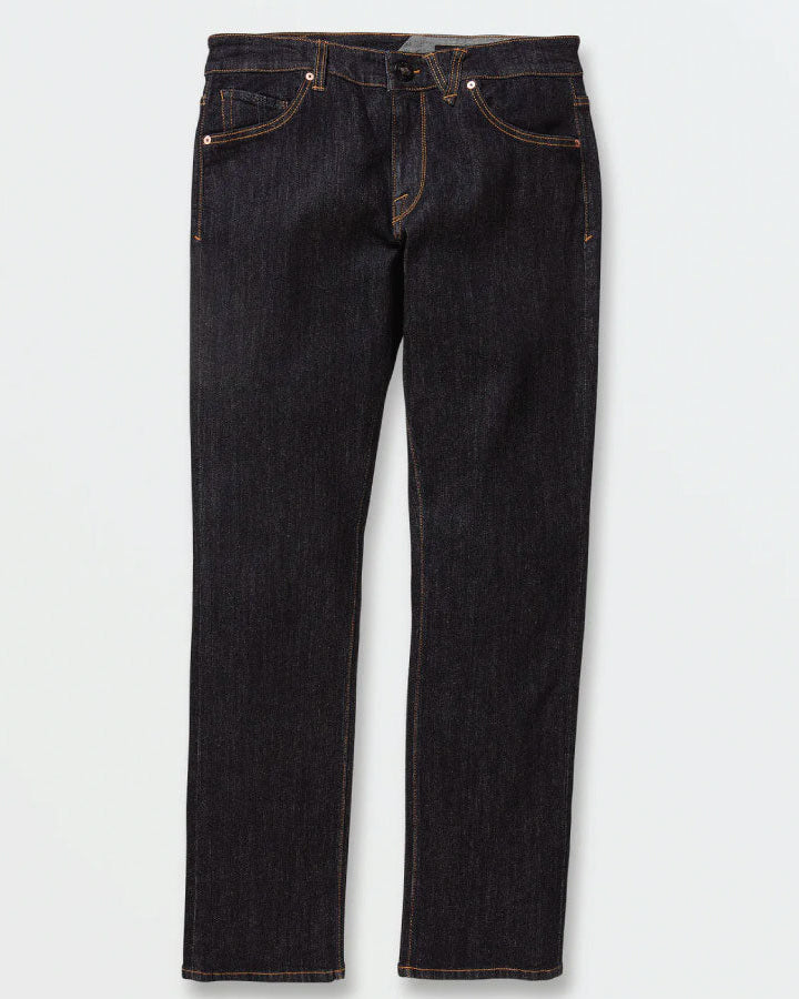 Front view of the Volcom Vorta Denim Slim Fit Jeans style A1912302 in Vintage Blue showing the slim leg structure.