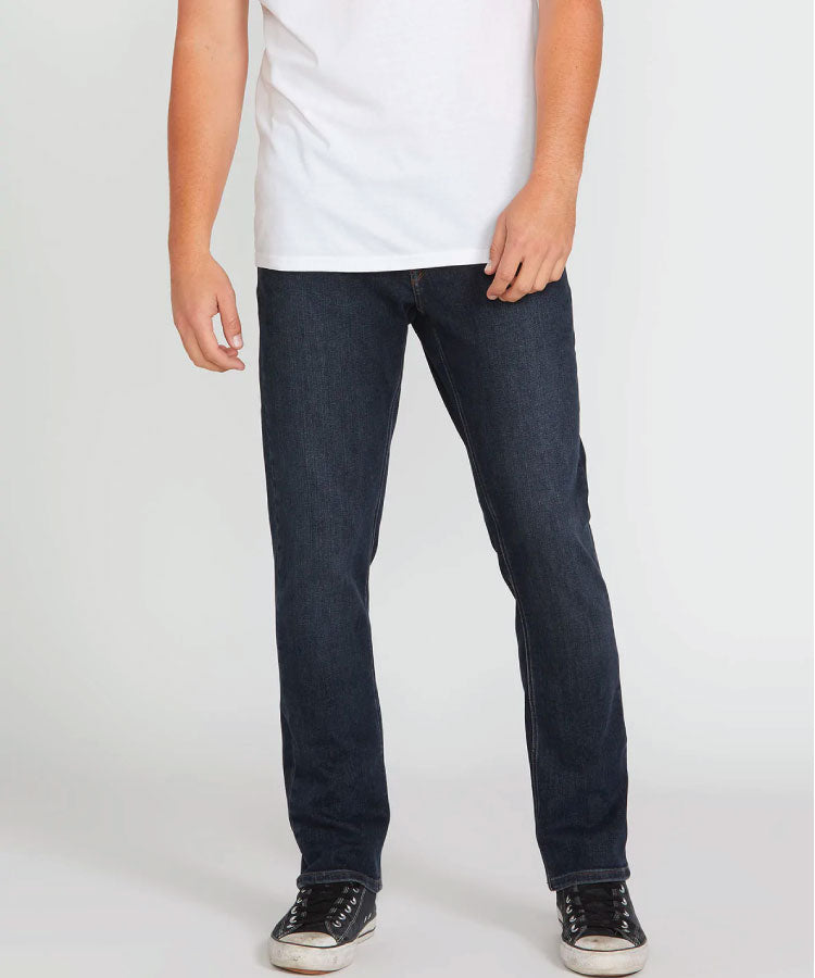 Front view of the Volcom Vorta Denim Slim Fit Jeans style A1912302 in Vintage Blue showing the slim leg structure.