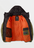 Close-up detail of the water-resistant military green fabric and signature Volcom Stone logo embroidery.