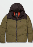 Front view of the Volcom Goldsmooth jacket in Military green showing the full zip closure and zippered chest pocket.