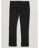 Front view of volcom vorta denim slim fit jeans black out without the model wearing them showing the button and belt loops at the top.